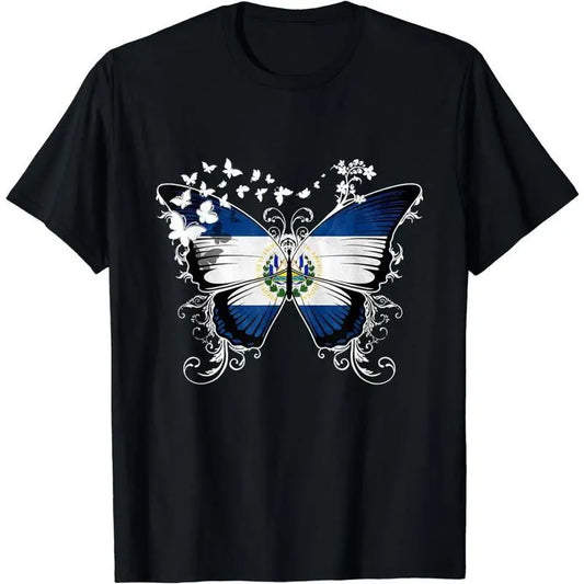 Women's 100%25 Cotton Vintage Distressed Shortsleeve Round Neck El Salvador Flag T-Shirt with Butterfly Graphic - Everyday Casual Streetwear Top, Women's Clothes