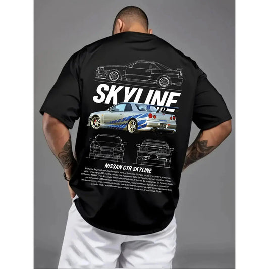 Men's Nissan Skyline GTR R34 Graphic Casual Streetwear Menswear Fitted T-Shirt Top - Oversized JDM Car Enthusiast Tee, Fast & Furious Inspired Shirt, Vintage Blueprint Design, Perfect Gift for Car Lovers, Drifting Fans & Tuners