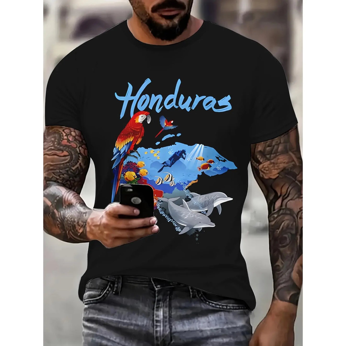 Men's Honduras Graffiti Print T-Shirt, Streetwear Cotton Round Neck Short Sleeve Top, Breathable Regular Fit for Summer
