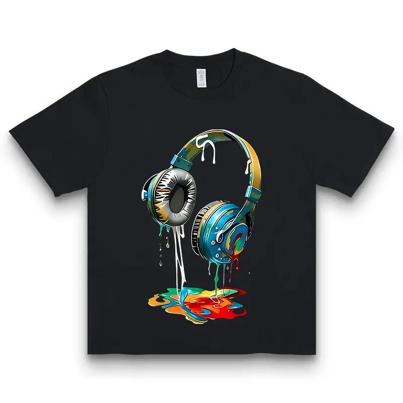 Men's Navy Blue Soft Graphic Tshirt - Shortsleeve Round Neck Thick Cotton Tee with Vibrant Headphone Print, Casual Trendy Streetwear, Machine Washable Summer Durable Casualwear