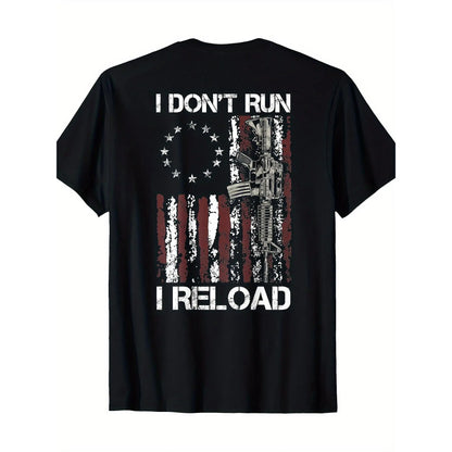100%25 Cotton American Flag Patriots T-Shirt - 'I Don'T Run I Reload Gun' Design, Short Sleeve, Round Neck, Machine Washable.