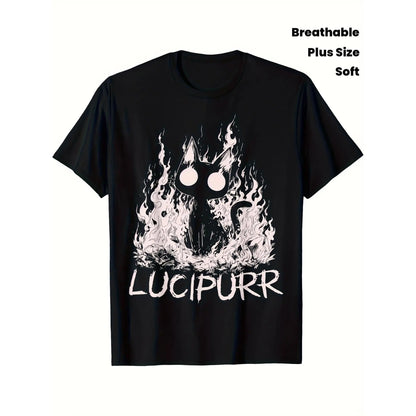Men'S Plus Size Vintage Gothic Lucipurr Cat with Flames Graphic T-Shirt - Soft Breathable Crewneck Tee, Black & White Gothic Lettering & Lucipurr Design
