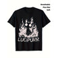 Men'S Plus Size Vintage Gothic Lucipurr Cat with Flames Graphic T-Shirt - Soft Breathable Crewneck Tee, Black & White Gothic Lettering & Lucipurr Design