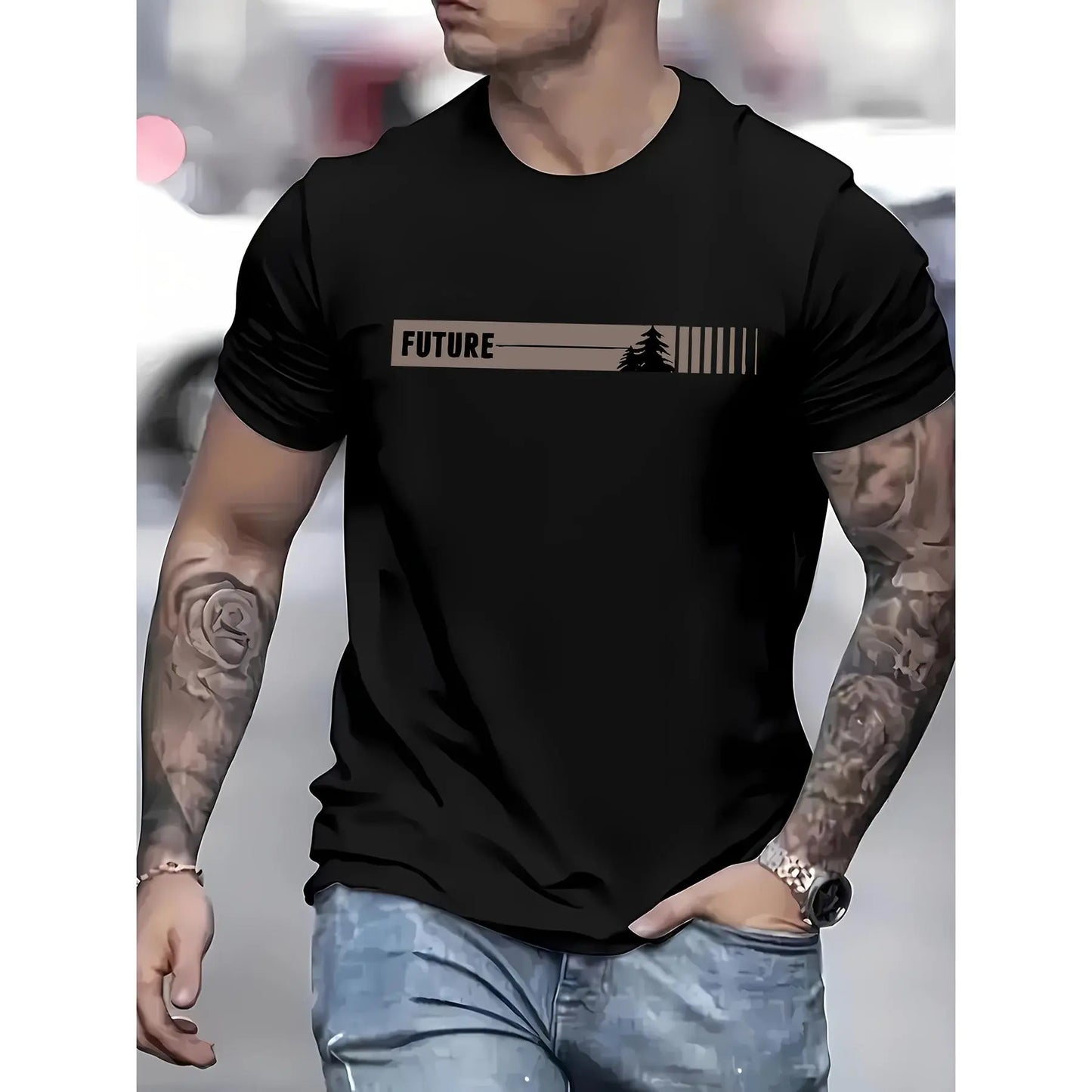 Men's Classic Cotton Short-Sleeve Crew Neck T-Shirt, Knit Fabric (95%25 Polyester 5%25 Spandex), Slight Stretch, Regular Fit, "Future" Print, Summer Menswear Top - Black