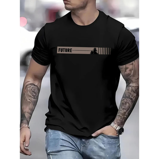 Men's Classic Cotton Short-Sleeve Crew Neck T-Shirt, Knit Fabric (95%25 Polyester 5%25 Spandex), Slight Stretch, Regular Fit, "Future" Print, Summer Menswear Top - Black