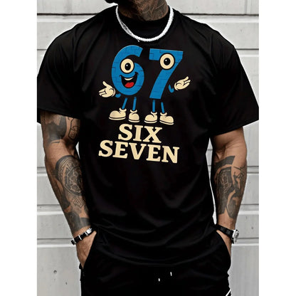 Crewneck Men's Fashion Street Style Casual Trendy Graphic T-Shirt Blue Number 67 Character Mascot with Big Eyes Red Mouth White Shoes Six Seven Text Breathable Lightweight All Seasons