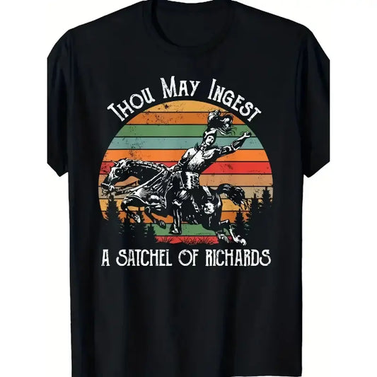 Medieval Knight & Richard's Wine Humor T-Shirt - 100%25  Lightweight Short Sleeve Round Neck Casual Tee with "Thou Shalt Drink Richard's Wine" Slogan & Retro Knight on Horseback Graphic - Funny Novelty Gift for Adults Vintage Love