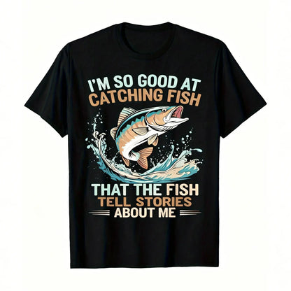 Men's Funny Fishing T-Shirt I Fish So Well The Fish All Tell Stories with Jumping Fish Graphic Lightweight Breathable 100%25 Cotton All-Season Casual Outdoor Fishing Apparel Sizes S-XXXL Machine Washable Ideal Gift  double print  Tshirt Round Neck Menswea