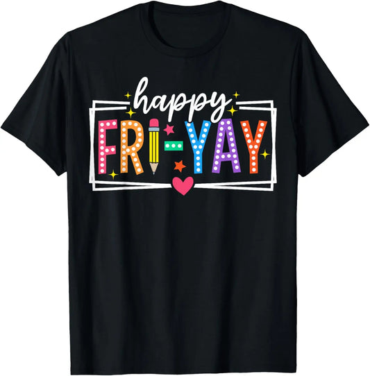 Fri-Yay! Women's Fun Friday Teacher T-Shirt – Colorful Letter Print with Floral & Elements, Soft , Round Neck, Short Sleeve, Stretch Fabric, Casual Summer Top for Teachers &, Event Attire