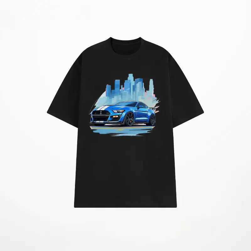 Men's Black Short Sleeve T-Shirt with Sports Car Cityscape Pattern, Casual Streetwear Tee, Perfect for Everyday Wear, Comfortable Cotton Blend Fabric, Unique Automotive Design for Car Enthusiasts, Modern Fit Graphic Top