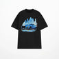Men's Black Short Sleeve T-Shirt with Sports Car Cityscape Pattern, Casual Streetwear Tee, Perfect for Everyday Wear, Comfortable Cotton Blend Fabric, Unique Automotive Design for Car Enthusiasts, Modern Fit Graphic Top