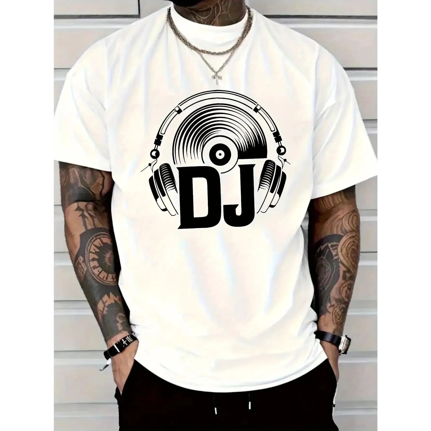 Men's DJ Graphic T-Shirt with Turntable & Headphone Print - 100%25 Stretchy Comfort Fit, DJ Lettering & Music Notes Design, Casual & Music Production Apparel for DJs, Machine Washable All-Season Wear (Black/White) - Ideal for Parties, Clubs, Casual Attire