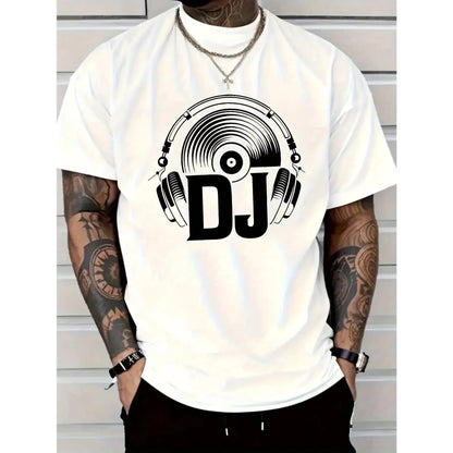 Men's DJ Graphic T-Shirt with Turntable & Headphone Print - 100%25 Stretchy Comfort Fit, DJ Lettering & Music Notes Design, Casual & Music Production Apparel for DJs, Machine Washable All-Season Wear (Black/White) - Ideal for Parties, Clubs, Casual Attire