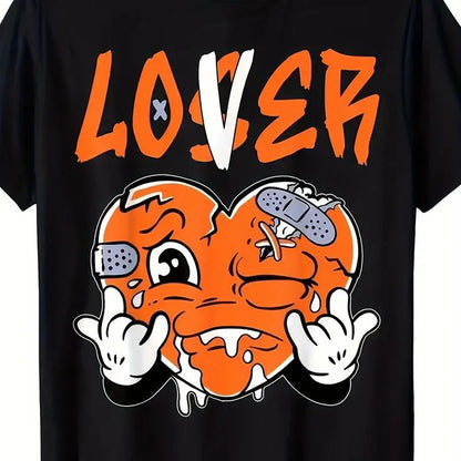 Men's Retro Streetwear T-Shirt – "Lover" Orange Heart Graphic, Black 100%25 Cotton Tee, Soft Breathable Hip Hop Style Summer Top, Casual Aesthetic Look