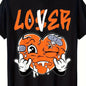 Men's Retro Streetwear T-Shirt – "Lover" Orange Heart Graphic, Black 100%25 Cotton Tee, Soft Breathable Hip Hop Style Summer Top, Casual Aesthetic Look