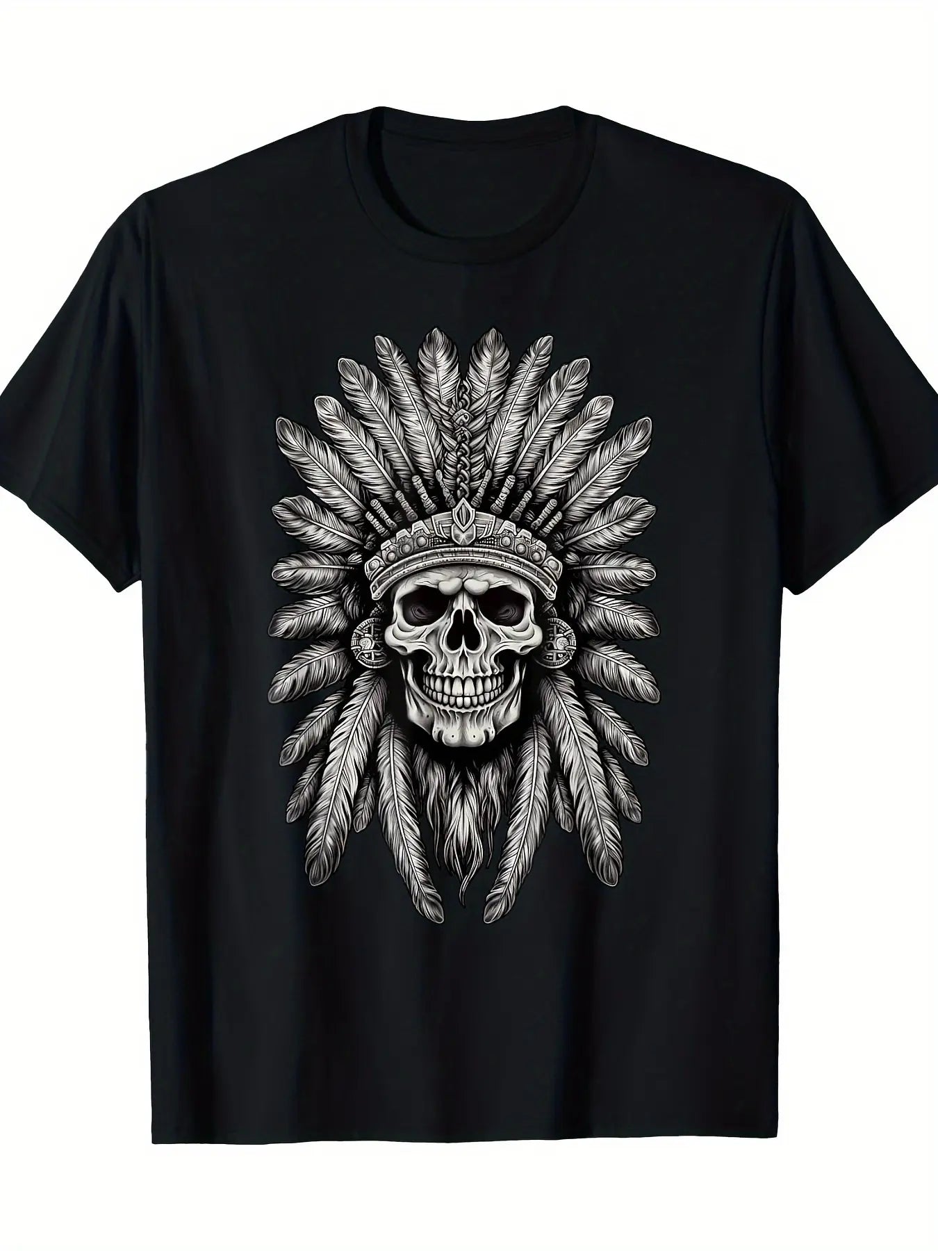 Men's summer round neck T-shirt, comfortable and fashionable retro casual loose large size T-shirt - [Men's skull headdress T-shirt] Skull Indian headdress shirt Indian skull chief men's 100%25 cotton T-shirt tops shirt