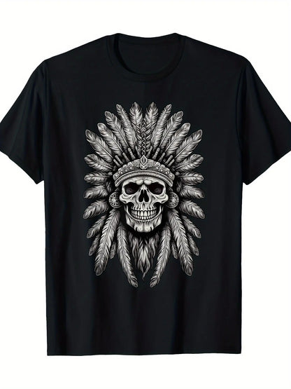 Men's summer round neck T-shirt, comfortable and fashionable retro casual loose large size T-shirt - [Men's skull headdress T-shirt] Skull Indian headdress shirt Indian skull chief men's 100%25 cotton T-shirt tops shirt
