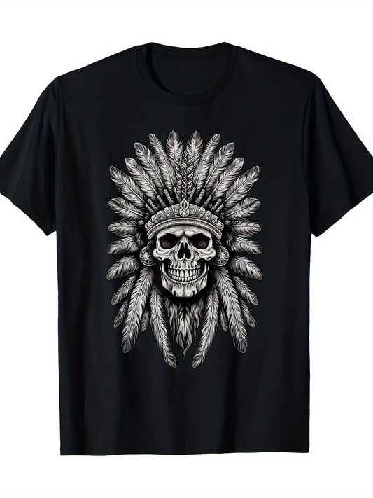 Men's summer round neck T-shirt, comfortable and fashionable retro casual loose large size T-shirt - [Men's skull headdress T-shirt] Skull Indian headdress shirt Indian skull chief men's 100%25 cotton T-shirt tops shirt