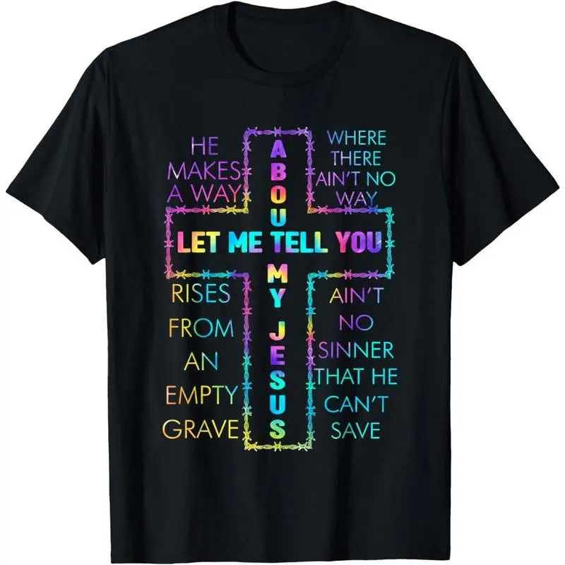 100%25 Cotton Short-Sleeve Round Neck Casual Christian "Let Me Tell You About My Jesus" Bible God Tie-Dye T-Shirt, Casual Sports Tops for Outdoor Activities, Comfortable Sportswear, Shortsleeve