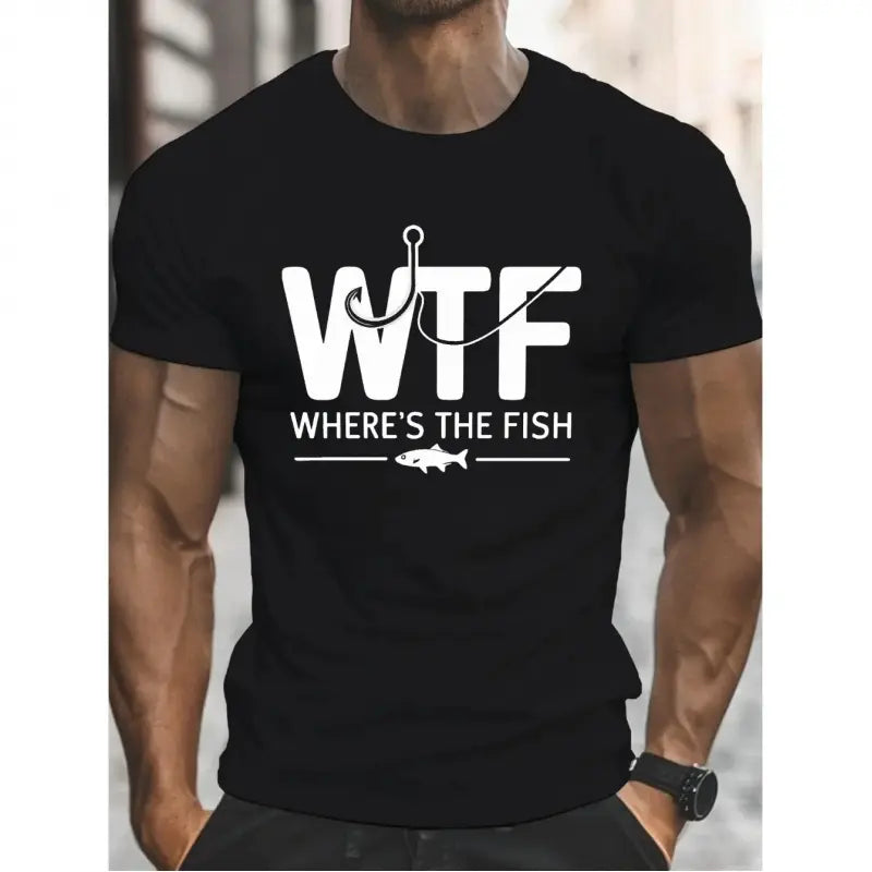 Men's 100%25 Cotton Shortsleeve Round Neck Regular Fit Graphic T-Shirt - Geometric Print with 'WTF WHERE's THE FISH?' Text, Soft Breathable Fabric, Durable Print, Machine Washable Streetwear Top for Casual Summer