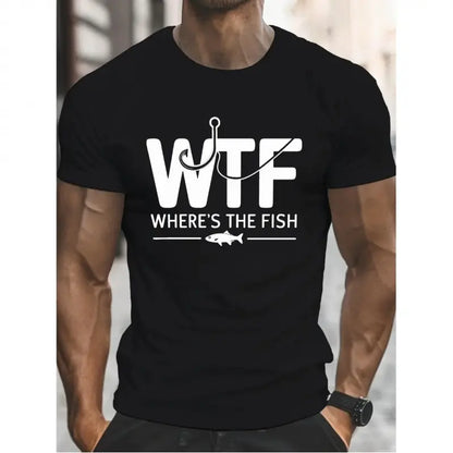 Men's 100%25 Cotton Shortsleeve Round Neck Regular Fit Graphic T-Shirt - Geometric Print with 'WTF WHERE's THE FISH?' Text, Soft Breathable Fabric, Durable Print, Machine Washable Streetwear Top for Casual Summer