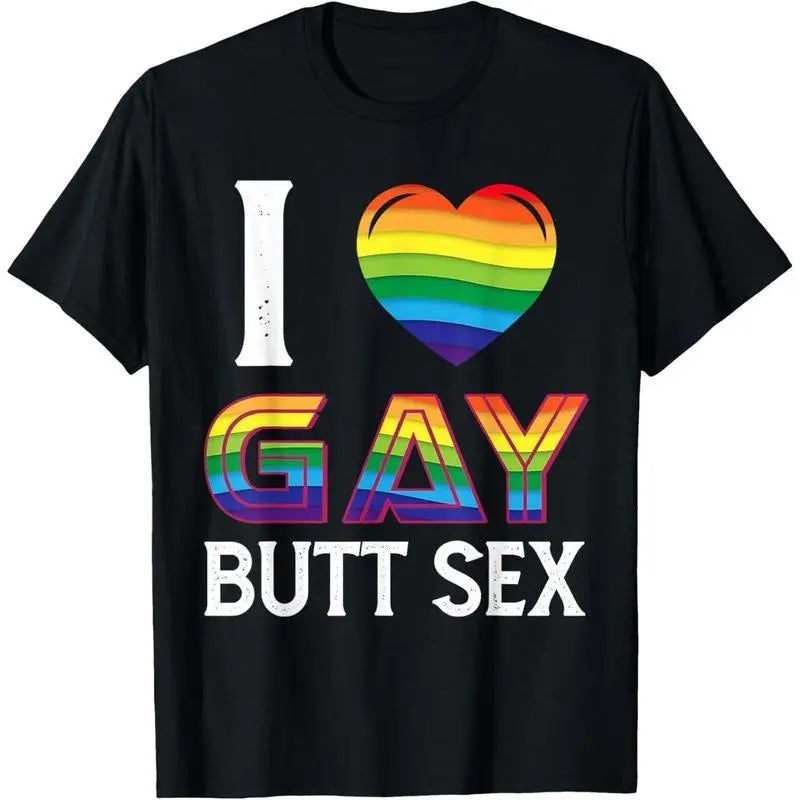 Men's "I Love Gay Butt Sex" Graphic T-Shirt, Casual 100%25 Cotton Short Sleeve Streetwear Top with Rainbow Heart, Made in USA
