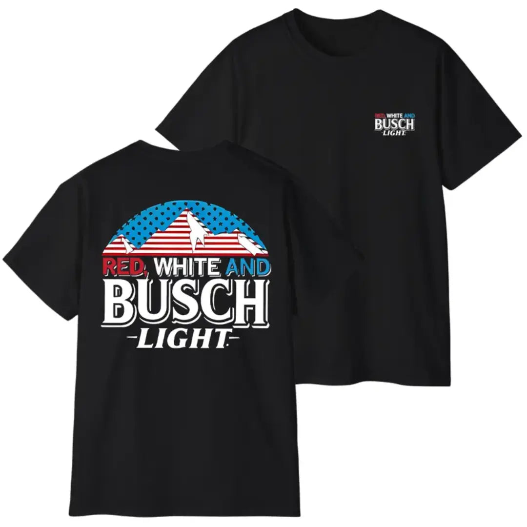[Busch Light] Red White and Blue Patriotic Graphic T-Shirt, USA Flag Mountain Beer Inspired Design for Americans & Beer Fans, Perfect for 4th of July, BBQs & Summer Parties