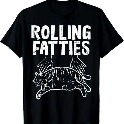 100%25 Cotton Rolling Fatties Cat Graphic T-Shirt, Cotton Crew Neck, Short Sleeve