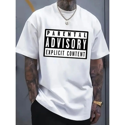 Men's 100%25 Cotton Graphic T-Shirt - "Parental Advisory Explicit Content" Bold Print, Casual Round Neck, Shortsleeve, Regular Fit Menswear Top for Summer Streetwear, Trendy Wardrobe Staple