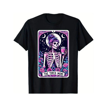 100%25 Cotton Graphic Tees [Fast Arrival] The Tired Mom Tarot Card Skeleton Mothers Day Skull Coffee T-Shirt for Men Women