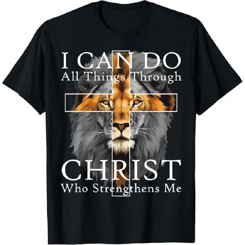 Men's Lion Cross Graphic T-Shirt, Casual Christian Faith Streetwear Top, 100%25 Cotton Short Sleeve Round Neck