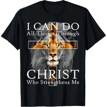 Men's Lion Cross Graphic T-Shirt, Casual Christian Faith Streetwear Top, 100%25 Cotton Short Sleeve Round Neck
