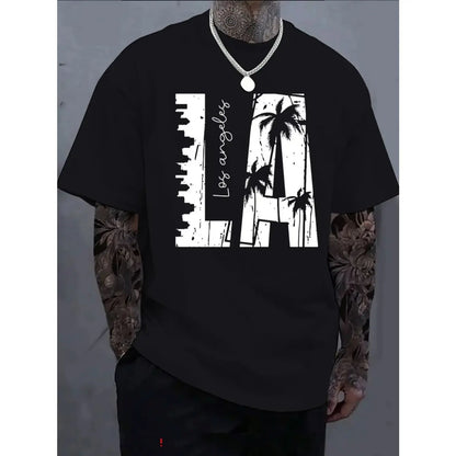 Men's Casual Short Sleeve T-Shirt - 100%25 Cotton Loose Fit Round Neck, Black Geometric Palm Tree & LA Graphic Print, Breathable Summer Tee, Machine Washable, Trendy Versatile Gift for Holidays
