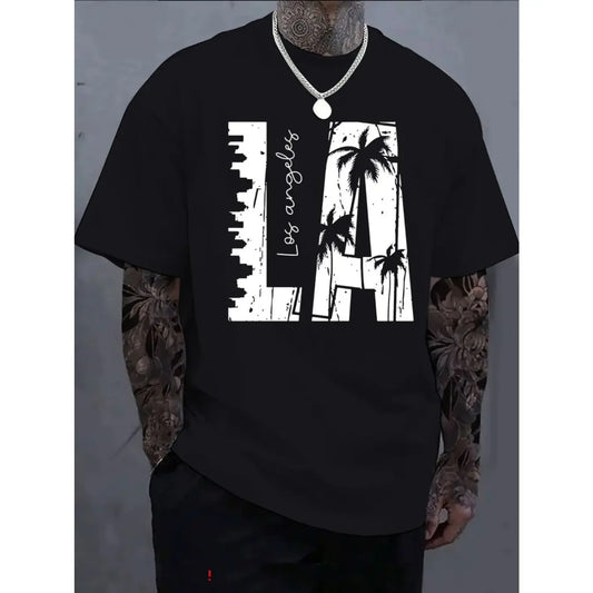Men's Casual Short Sleeve T-Shirt - 100%25 Cotton Loose Fit Round Neck, Black Geometric Palm Tree & LA Graphic Print, Breathable Summer Tee, Machine Washable, Trendy Versatile Gift for Holidays