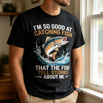 Men's Funny Fishing T-Shirt I Fish So Well The Fish All Tell Stories with Jumping Fish Graphic Lightweight Breathable 100%25 Cotton All-Season Casual Outdoor Fishing Apparel Sizes S-XXXL Machine Washable Ideal Gift  double print  Tshirt Round Neck Menswea