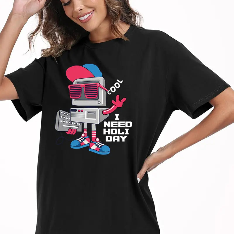 Retro PC Robot Cool Sunglasses Men's Short-Sleeve Round Neck Sporty Sports Top, Streetwear for IT Developers - Funny "I Need Holiday" Casual Outdoor T-Shirt, Sporty Sports Tops