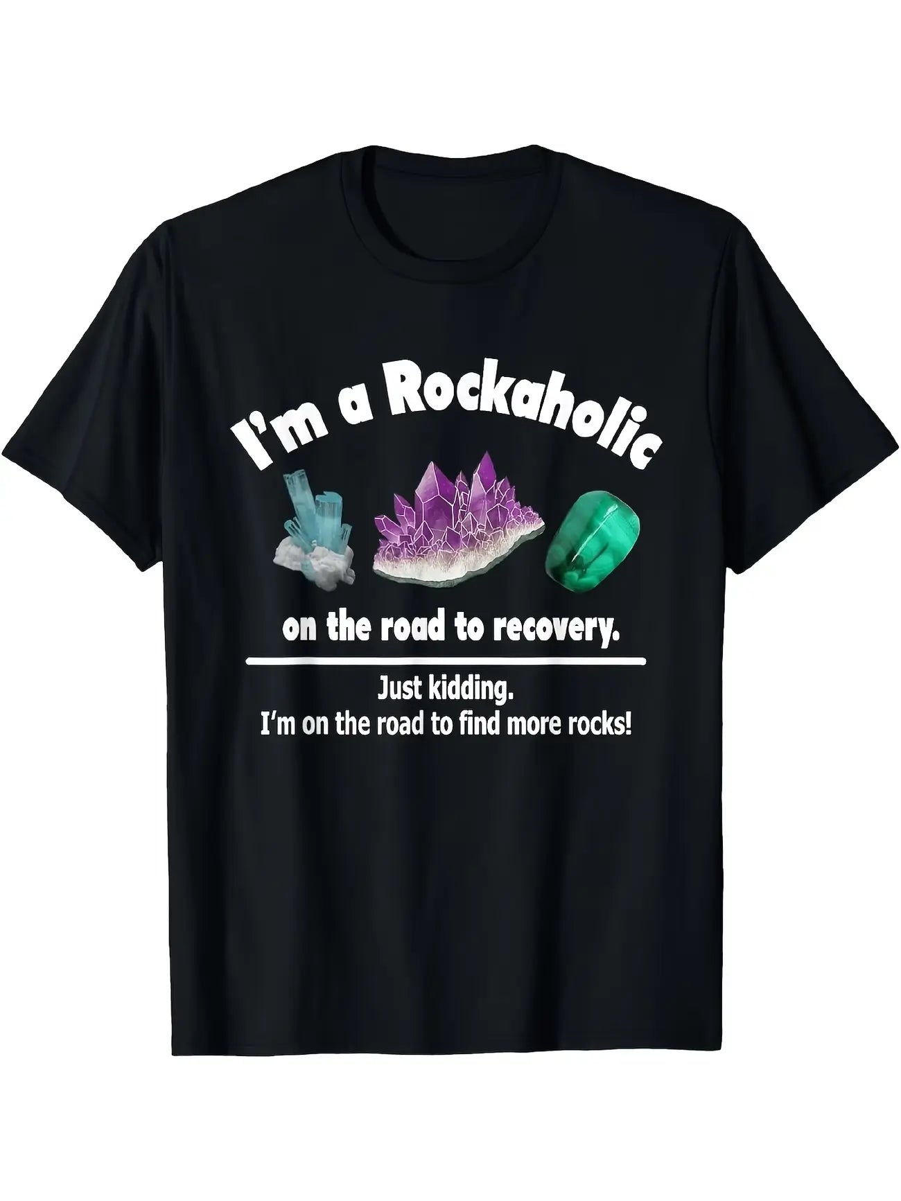 Men's Vintage Rockaholic T-Shirt - Retro "I'm a Rockaholic" Slogan & Crystal Rock Tee, Soft Breathable Round Neck Shirt Suitable for Concerts, Mining, Casual Wear, Machine Washable Rock Style for Everyday Outfits