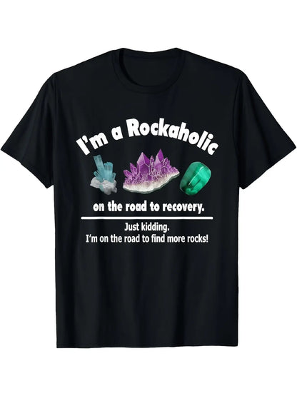 Men's Vintage Rockaholic T-Shirt - Retro "I'm a Rockaholic" Slogan & Crystal Rock Tee, Soft Breathable Round Neck Shirt Suitable for Concerts, Mining, Casual Wear, Machine Washable Rock Style for Everyday Outfits