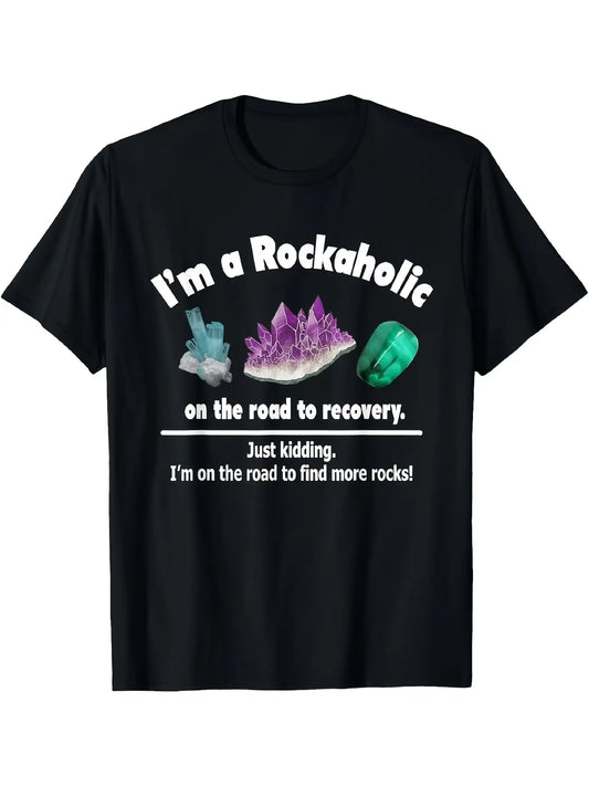Men's Vintage Rockaholic T-Shirt - Retro "I'm a Rockaholic" Slogan & Crystal Rock Tee, Soft Breathable Round Neck Shirt Suitable for Concerts, Mining, Casual Wear, Machine Washable Rock Style for Everyday Outfits