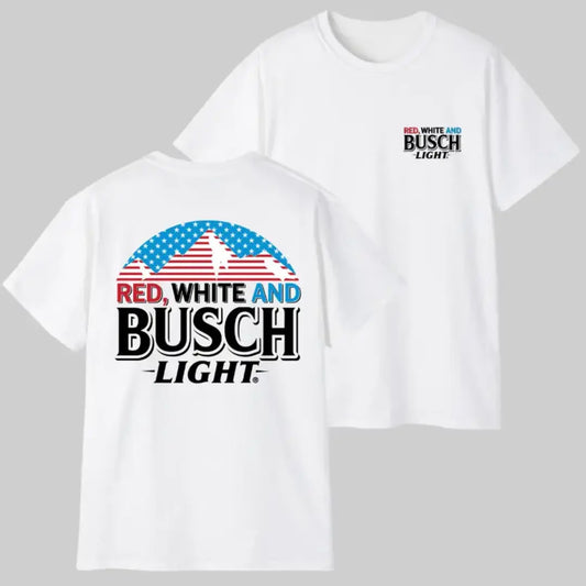 [Busch Light] Red White and Blue Patriotic Graphic T-Shirt, USA Flag Mountain Beer Inspired Design for Americans & Beer Fans, Perfect for 4th of July, BBQs & Summer Parties