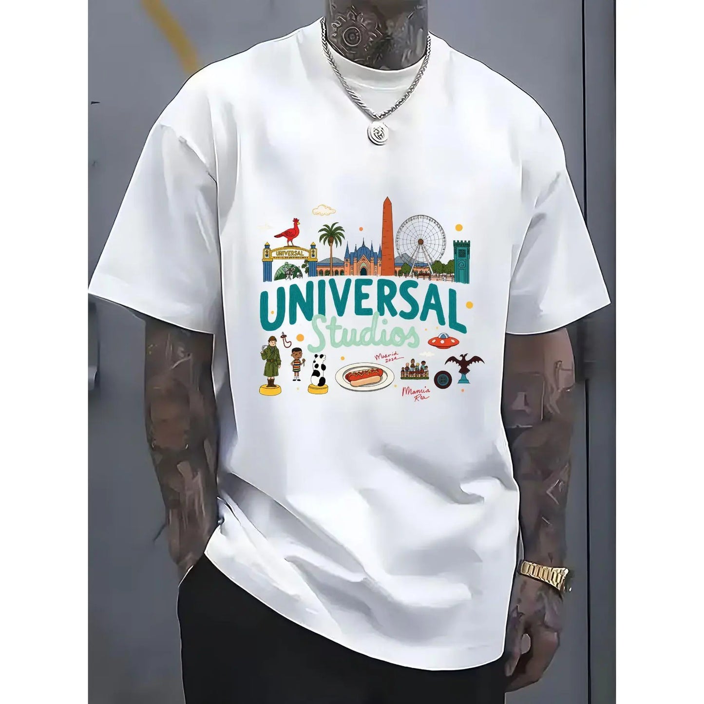 Universal Studios Cartoon Graphic 100%25 Crew Neck T-Shirt | Casual Multi-Color, Teal & Dark Green Text with White Outline, Tattoo-Friendly & Comfortable, Perfect for Festival Gifting