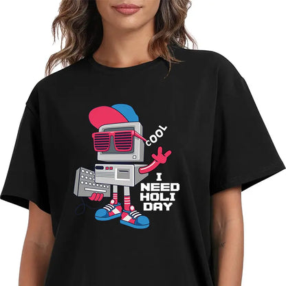 Retro PC Robot Cool Sunglasses Men's Short-Sleeve Round Neck Sporty Sports Top, Streetwear for IT Developers - Funny "I Need Holiday" Casual Outdoor T-Shirt, Sporty Sports Tops