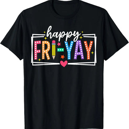 Fri-Yay! Women's Fun Friday Teacher T-Shirt – Colorful Letter Print with Floral & Elements, Soft , Round Neck, Short Sleeve, Stretch Fabric, Casual Summer Top for Teachers &, Event Attire
