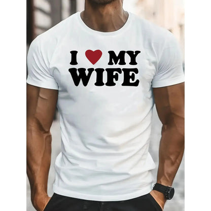 Men'S Funny "I Love My Wife" Graphic T-Shirt with Red Heart - White Casual Round Neck Short Sleeve Tee, Romantic Gift for Husband, Anniversary & Valentine'S Day, Family T-shirt, Family T-shirt In Green, T Shirt For Men, Men Graphic Tee, Funny Tshirt