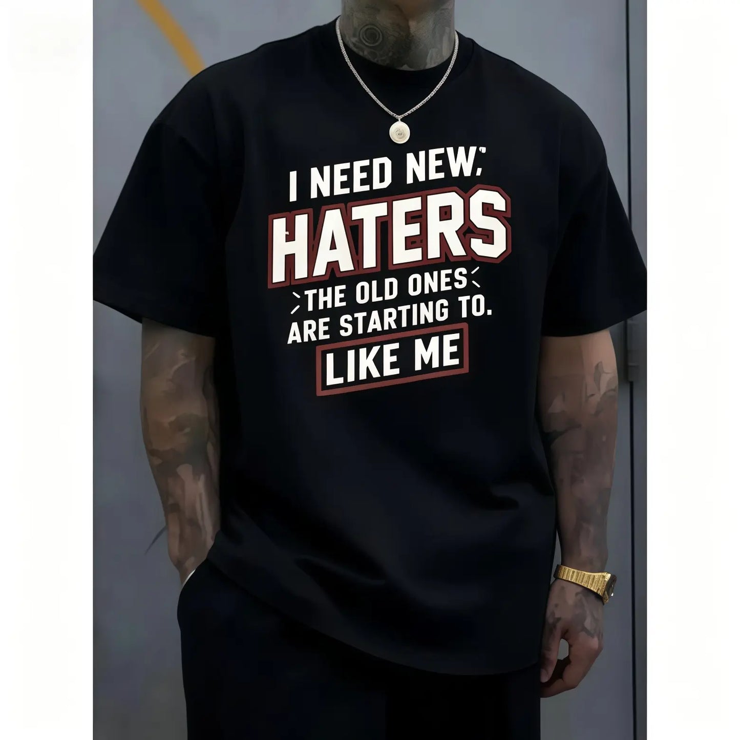 Graphic T-Shirt, Men's Streetwear "I Need New Haters" Print, Casual Round Neck Short Sleeve Top for Plus Sizes