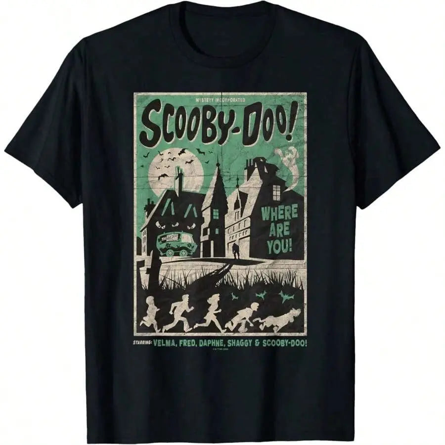 Women's Streetwear Graphic Tee with a Scary House Mystery Cartoon Print, Casual Black Short Sleeve Top