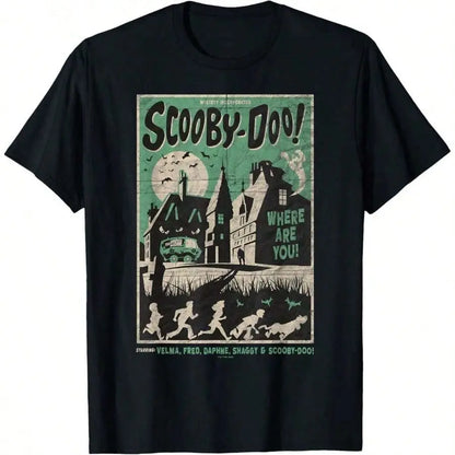 Women's Streetwear Graphic Tee with a Scary House Mystery Cartoon Print, Casual Black Short Sleeve Top