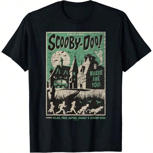 Women's Streetwear Graphic Tee with a Scary House Mystery Cartoon Print, Casual Black Short Sleeve Top