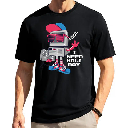 Retro PC Robot Cool Sunglasses Men's Short-Sleeve Round Neck Sporty Sports Top, Streetwear for IT Developers - Funny "I Need Holiday" Casual Outdoor T-Shirt, Sporty Sports Tops
