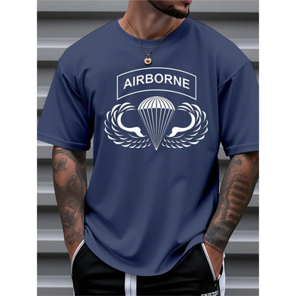 Mens Clothes, T Shirts for Men, Casual Style Design with Print, 100%25 Pure Cotton Fabric, Shirts for Men, Airborne Parachute Pattern Printed Short Sleeve T-Shirt, Military Style, Crew Neck, Loose Fit, Suitable for Daily And Outdoor Wear in Summer